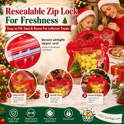 🎁Easy Fill, Easy Seal🎄 Festive Self-Seal Treat Bags – Santa & Snowman Print | Resealable, Food-Safe & Perfect for Cookies, Chocolates & Little Gifts⛄