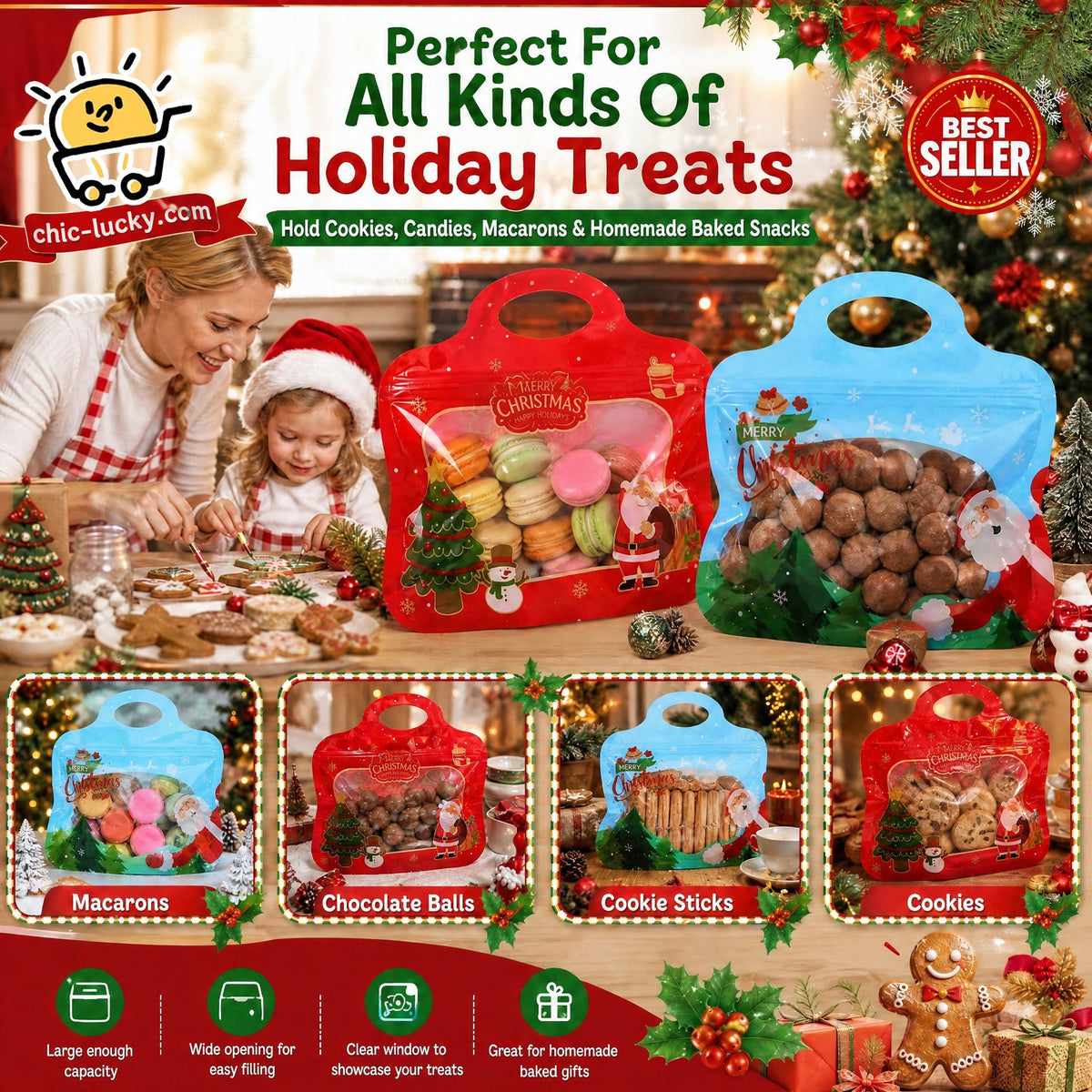 🎁Easy Fill, Easy Seal🎄 Festive Self-Seal Treat Bags – Santa & Snowman Print | Resealable, Food-Safe & Perfect for Cookies, Chocolates & Little Gifts⛄