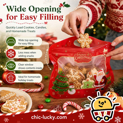 🎁Easy Fill, Easy Seal🎄 Festive Self-Seal Treat Bags – Santa & Snowman Print | Resealable, Food-Safe & Perfect for Cookies, Chocolates & Little Gifts⛄