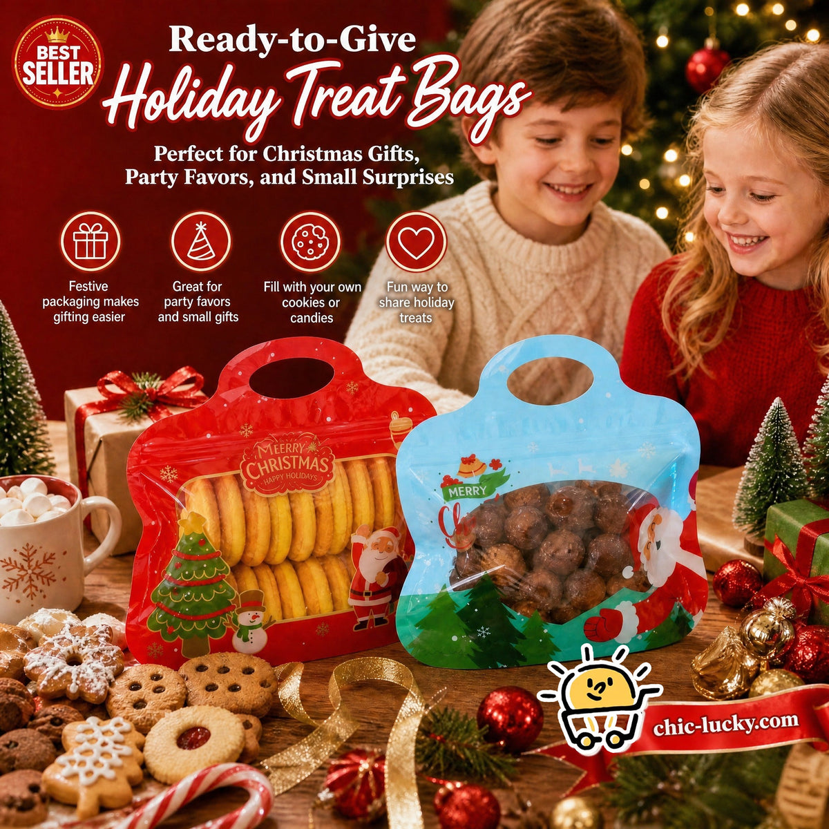 🎁Easy Fill, Easy Seal🎄 Festive Self-Seal Treat Bags – Santa & Snowman Print | Resealable, Food-Safe & Perfect for Cookies, Chocolates & Little Gifts⛄