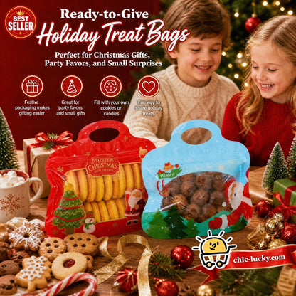 🎁Easy Fill, Easy Seal🎄 Festive Self-Seal Treat Bags – Santa & Snowman Print | Resealable, Food-Safe & Perfect for Cookies, Chocolates & Little Gifts⛄