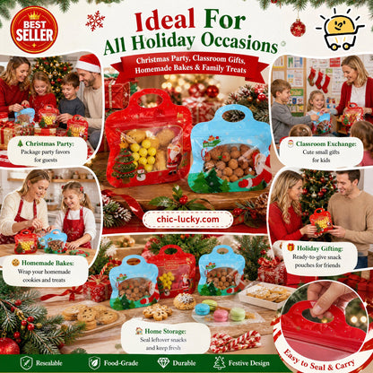 🎁Easy Fill, Easy Seal🎄 Festive Self-Seal Treat Bags – Santa & Snowman Print | Resealable, Food-Safe & Perfect for Cookies, Chocolates & Little Gifts⛄