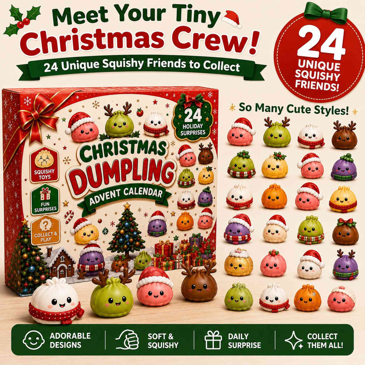 2026 Christmas Advent Calendar, 24 Days Mini Squishy Toys, Kawaii Dumpling Surprise Countdown Design, Christmas Gift for Girls/Boys