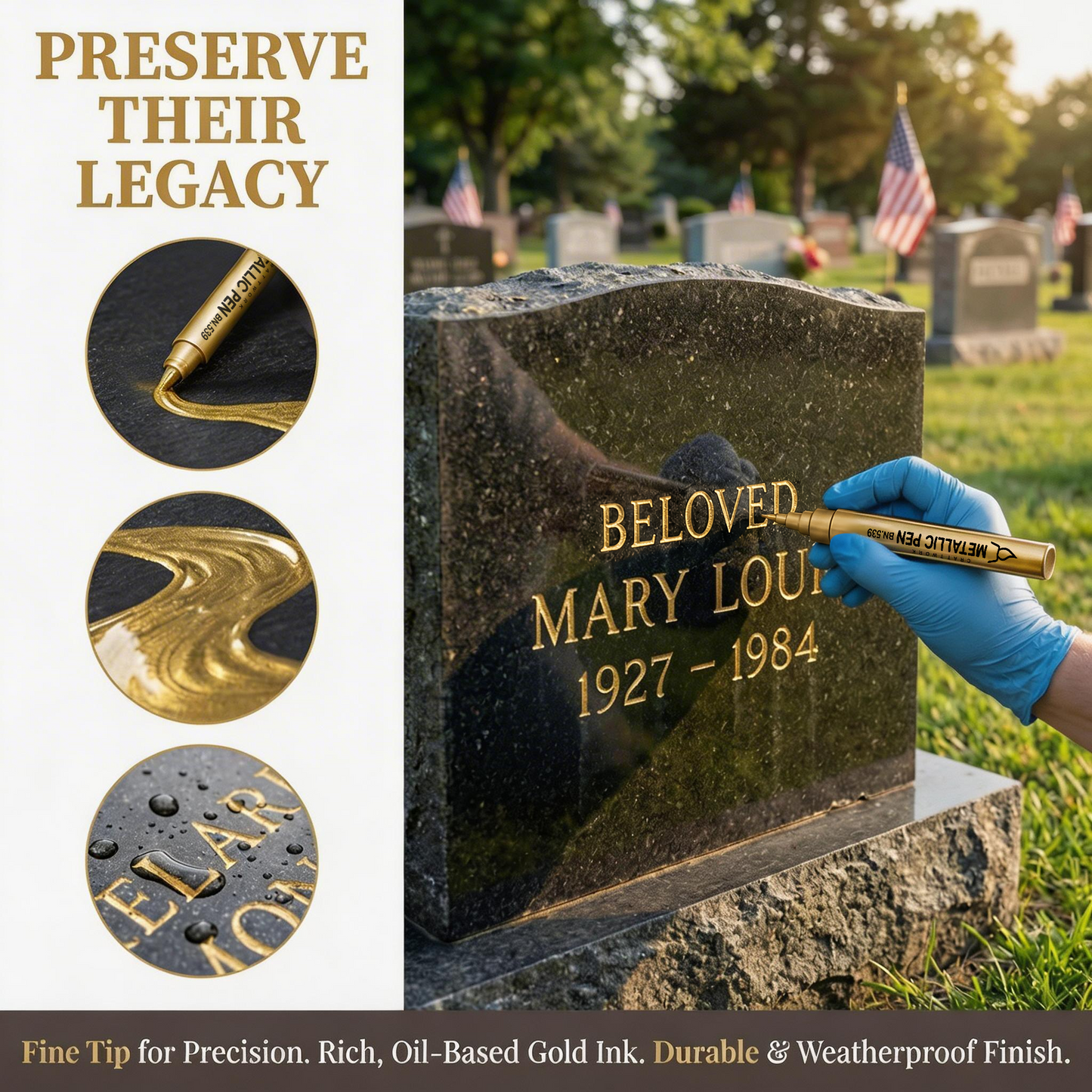 Gold-colored gravestone pen for restoring faded engravings