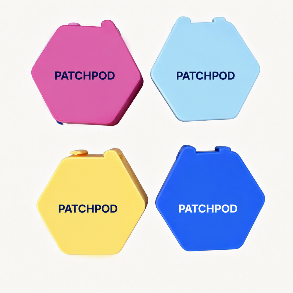 Branded PatchPod cases shown in pink, light blue, yellow, and blue