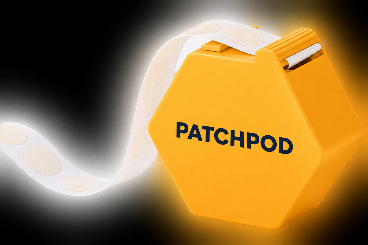 Orange-yellow hexagonal PatchPod case with a pull-through strip of pimple patches