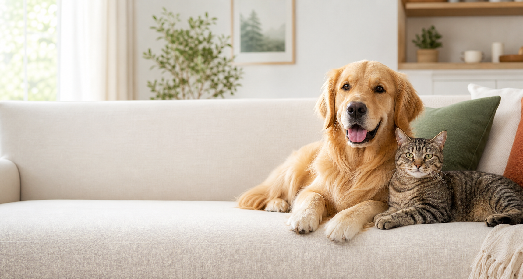 A golden retriever and tabby cat relaxing together on a clean cream sofa